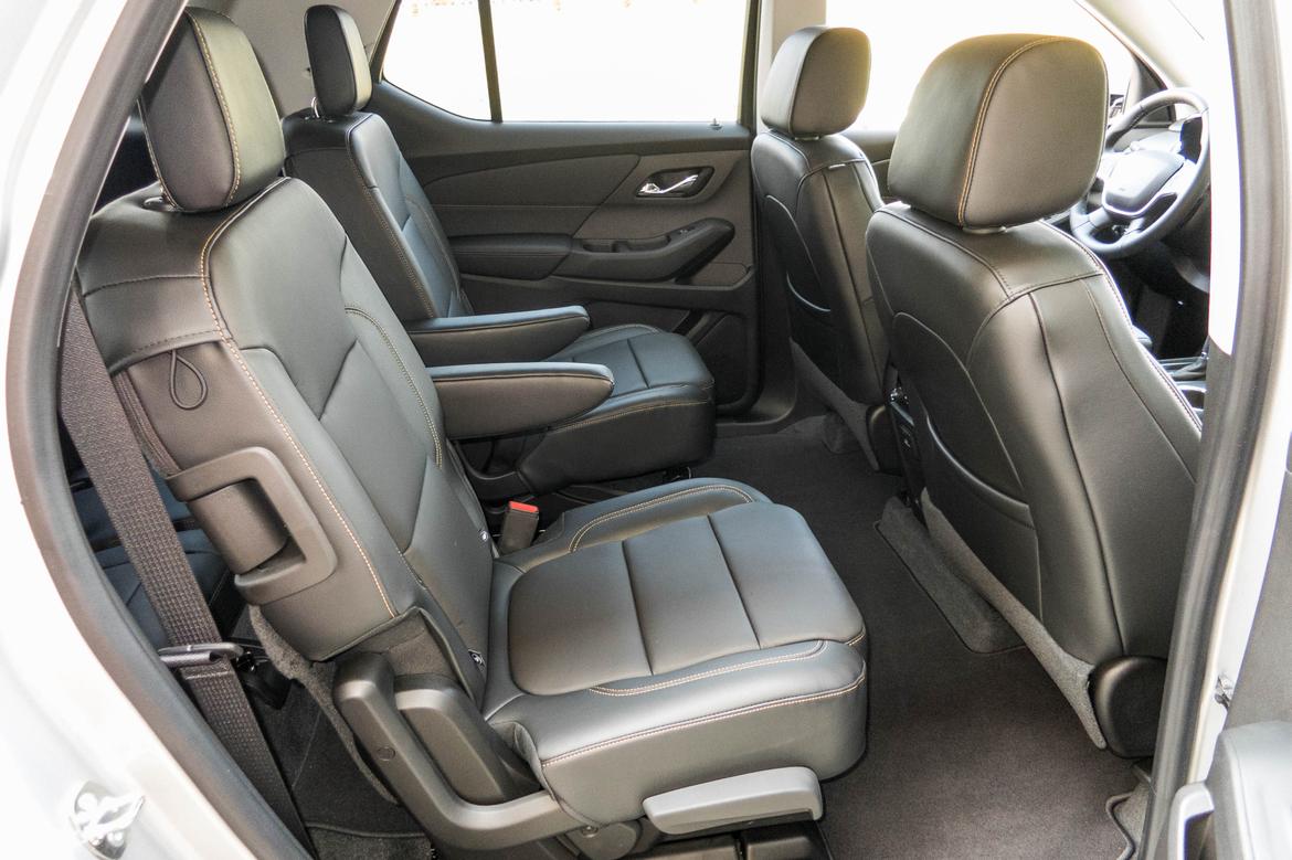 second row seats in a 2018 chevrolet traverse. the upholstery is grey.